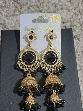 Fashion Jewelry Gold and Black Ornate Jhumka Drop Earrings